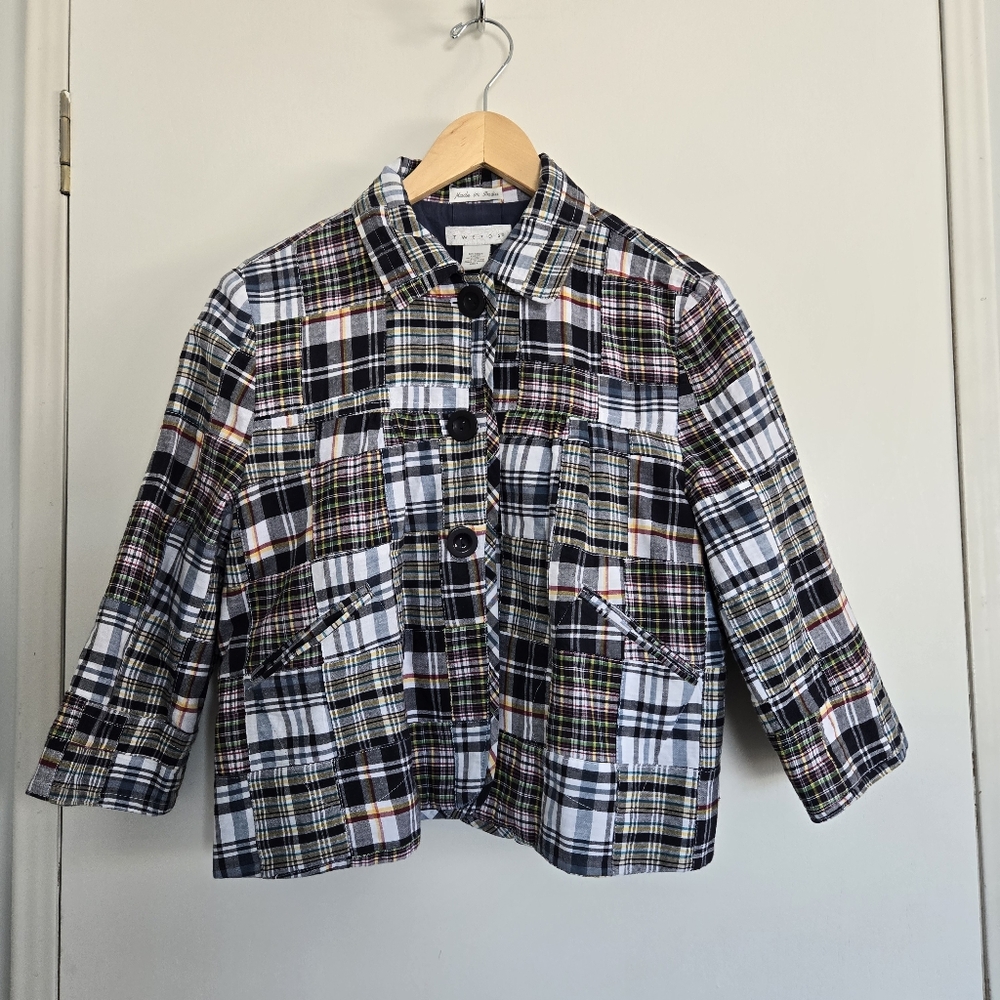 Tweeds Jacket Women's L Blue And Multicolor Plaid Cropped 1/2 Sleeve